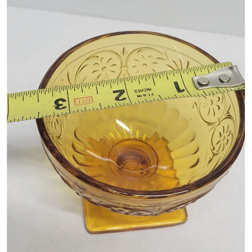 Vintage Amber‎ Depression Glass Floral Sherbet Cup Square Pedestal Dessert Bowl